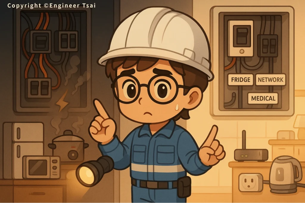 分路設計,重要設備分開保護,Engineer Tsai 手持手電筒指示如何 停電應變 。