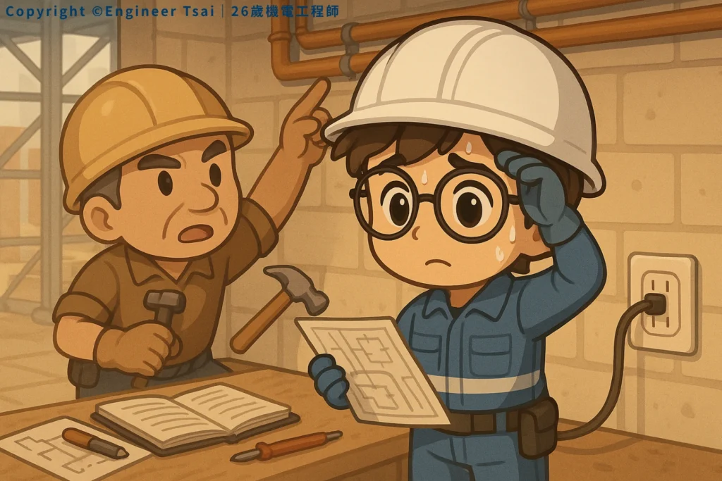 The site foreman points at the ceiling while Engineer Tsai sweats over a blueprint. The drawing does not match the site work.
