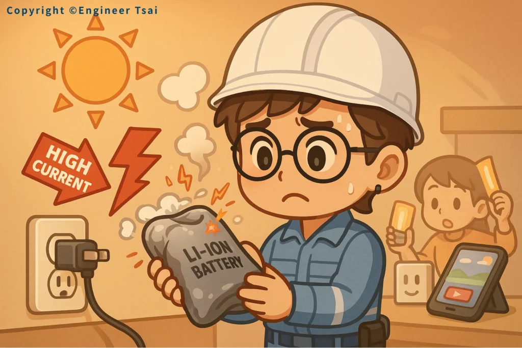 Engineer Tsai 手上拿著膨脹的鋰電池,旁邊有高電流警示。
