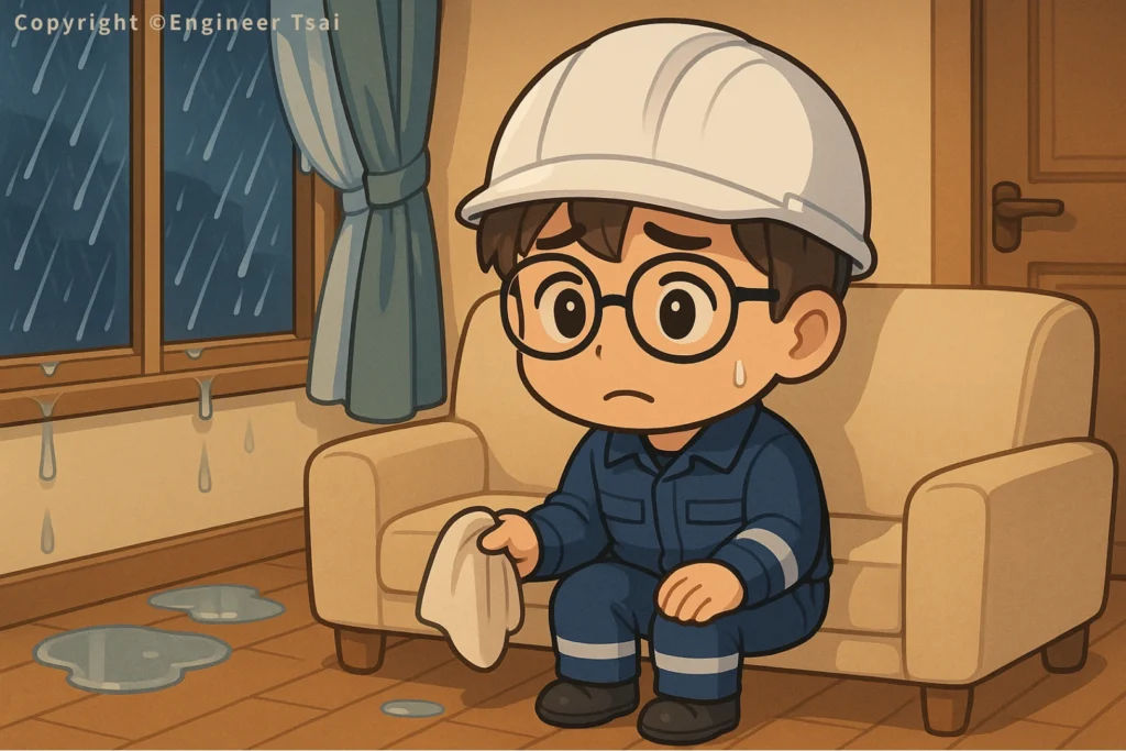 Engineer Tsai sits on a sofa, looking at a leaking window, before doing Weatherproof.