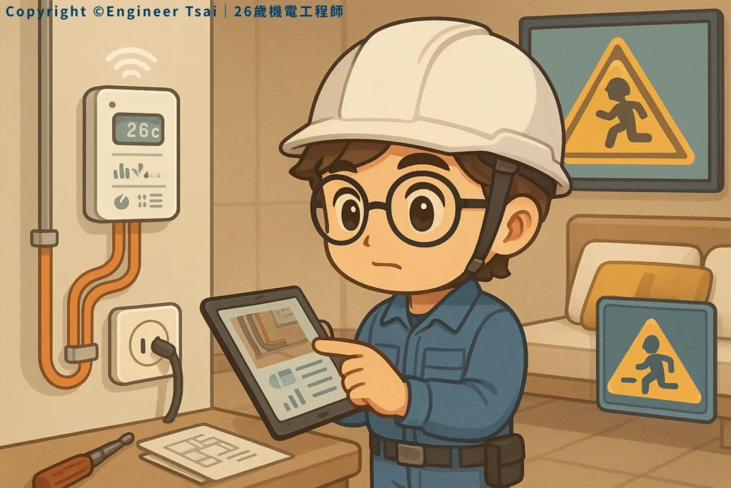 Engineer Tsai checks onsite wiring with a tablet, finding it doesn’t match the plans.
