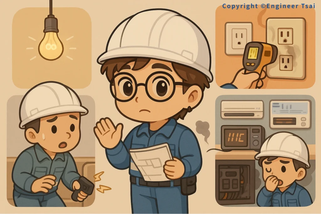 Engineer Tsai 帶圖面指導同事用紅外線槍檢查 老屋電線 插座與設備溫度。