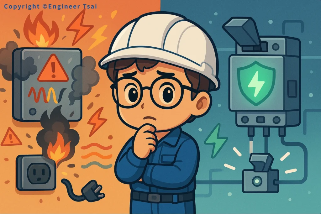 左側電線盒起火,右側因有 保護繼電器 而安全,Engineer Tsai 思考中。
