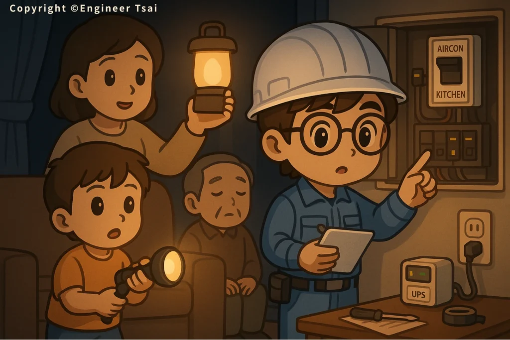 Engineer Tsai 全家停電演練,工程師檢查配電箱,家人分工合作。