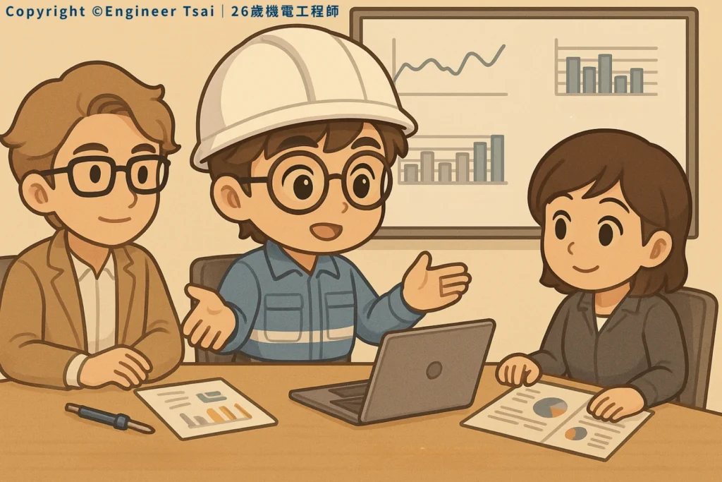 Engineer Tsai discusses reports with colleagues in a meeting; the data doesn’t match the drawings, about Ai Iot.