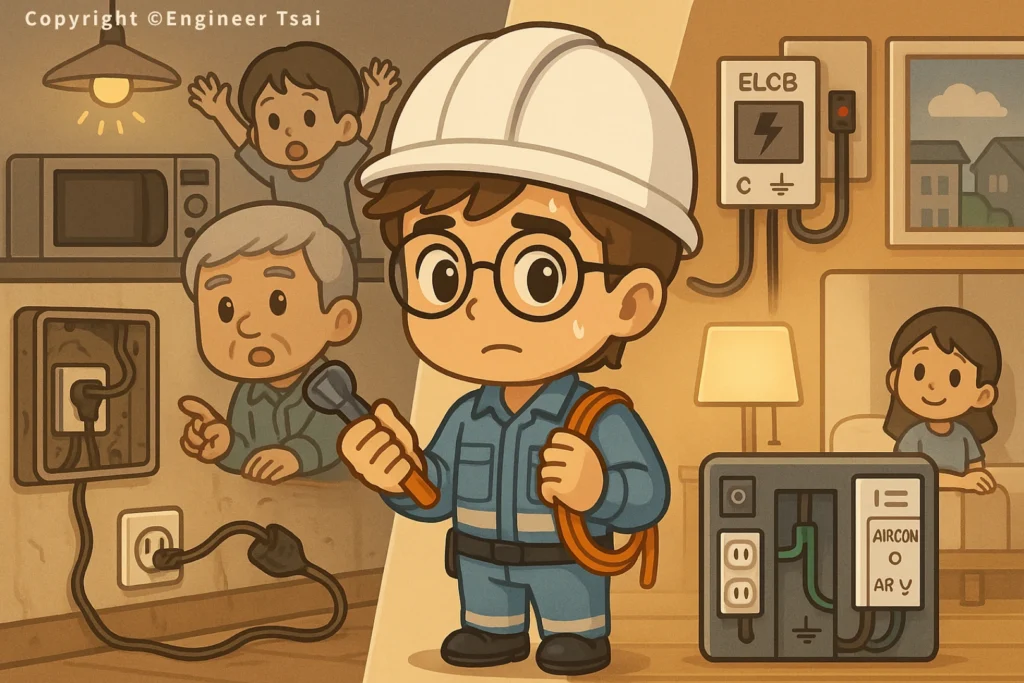 Engineer Tsai 發現插座燒焦,帶工具和電線到安全區域檢修 老屋電線 。