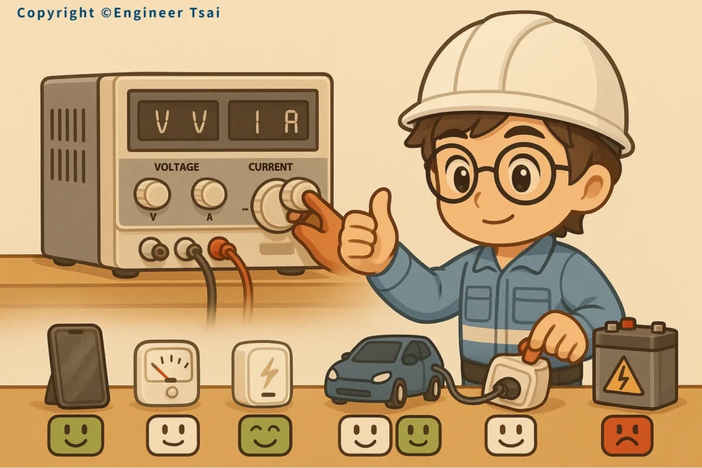 Engineer Tsai 在操作電源測試儀測試不同設備的充電狀態。