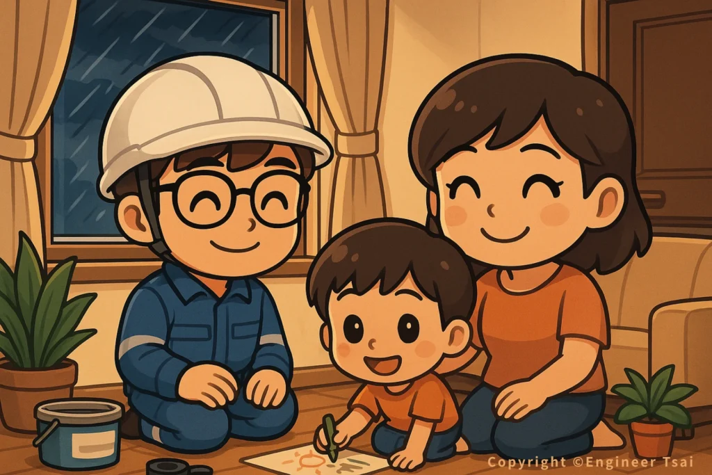 Engineer Tsai and family smile by the window, room is cozy and dry, after sone the and family smile by the window, room is cozy and dry..