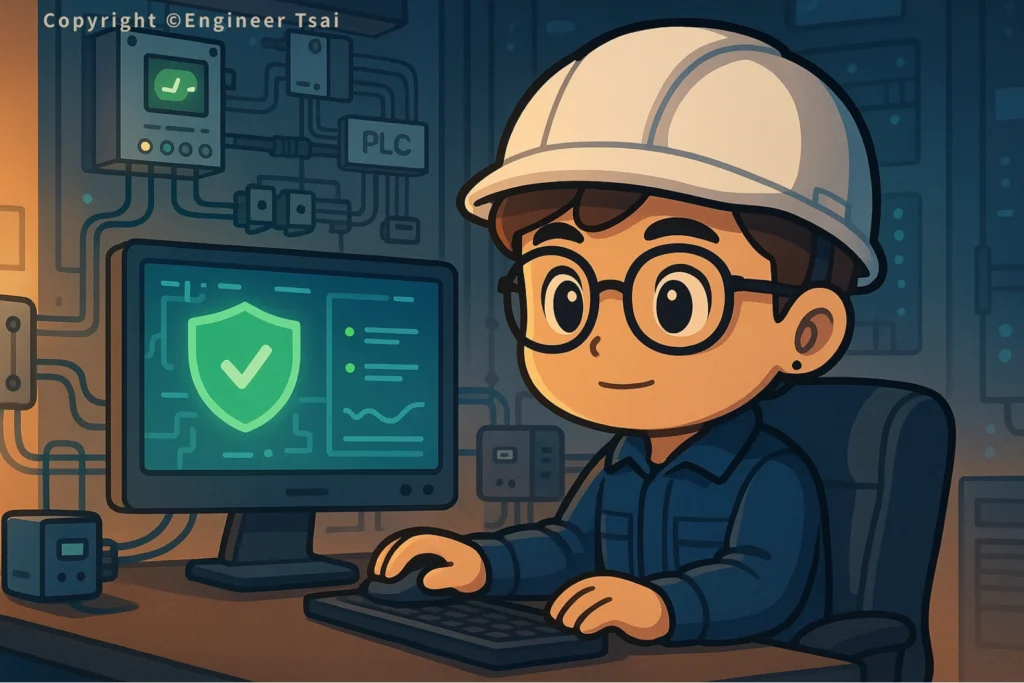 Engineer Tsai 坐在電腦前,用電腦控制 保護繼電器 。