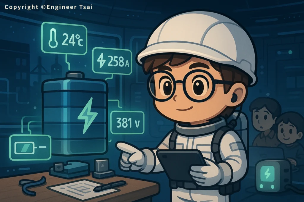 Engineer Tsai 在檢查大型 電池壽命 的數據。